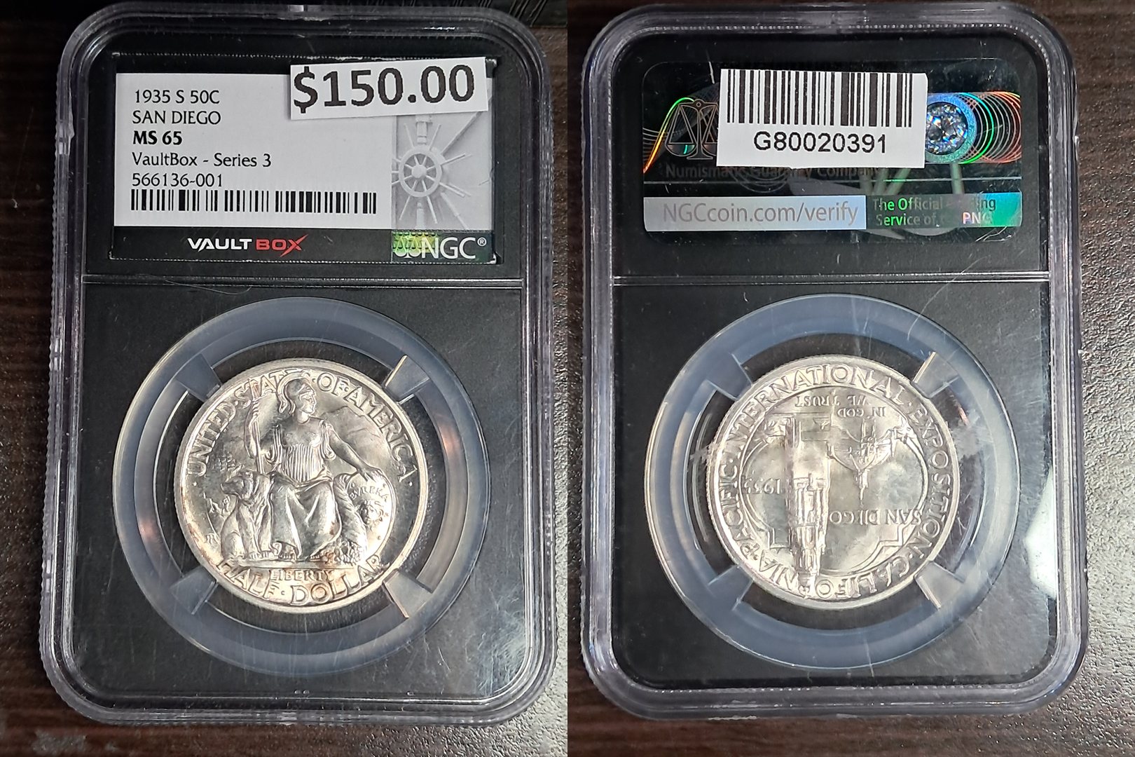 1935-S San Diego commemorative half dollar, NGC MS 65, obverse and reverse in the slab