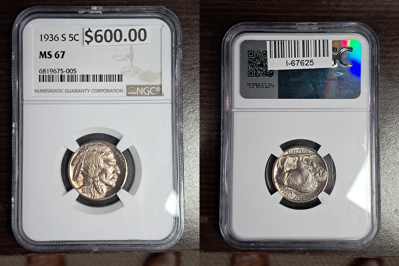 1936-S Buffalo nickel, NGC MS 67, obverse and reverse in the slab