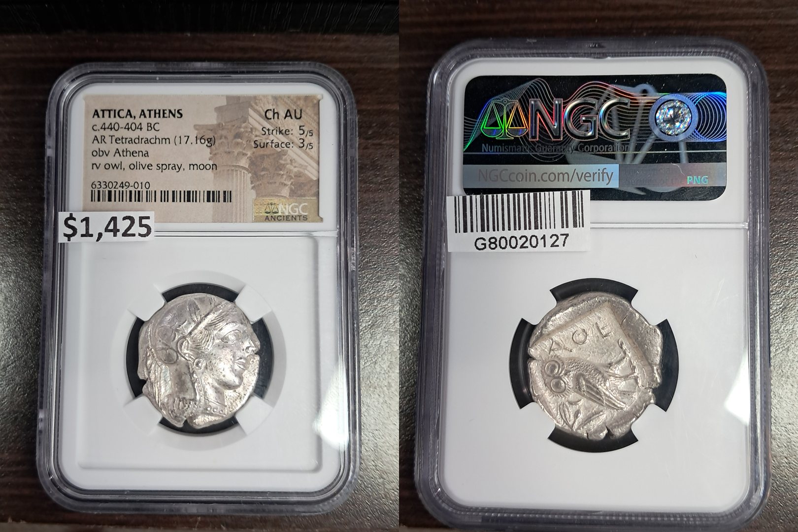 Ancient Athens Owl silver tetradrachm, c. 440-404 BC, NGC Ch AU, both sides of the slab