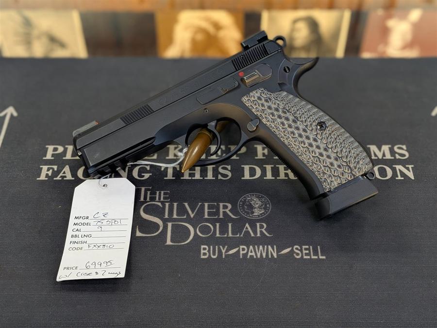 CZ 75 SP-01 9mm pistol with G10 grips and price tag at The Roswell Silver Dollar