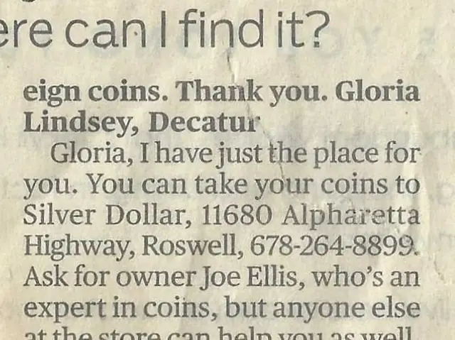 Atlanta Journal-Constitution Buyer’s Edge clipping recommending Silver Dollar for foreign coins and recounting the Ellis family history