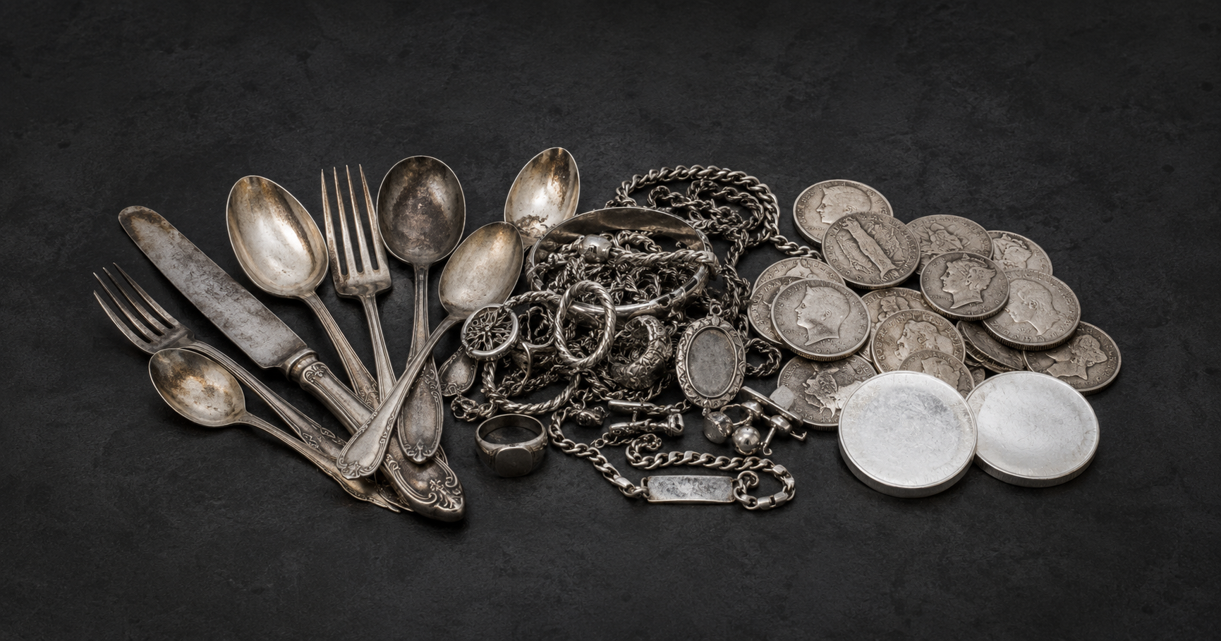Assorted silver items and coins