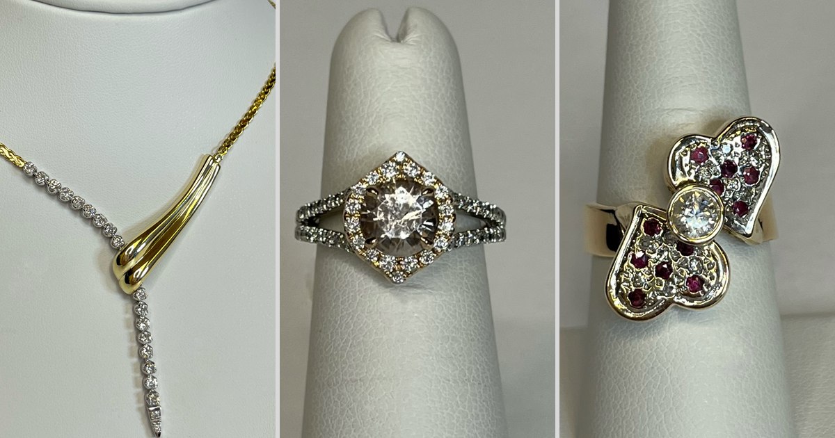 A diamond drop necklace, morganite halo ring, and double heart ring at The Roswell Silver Dollar
